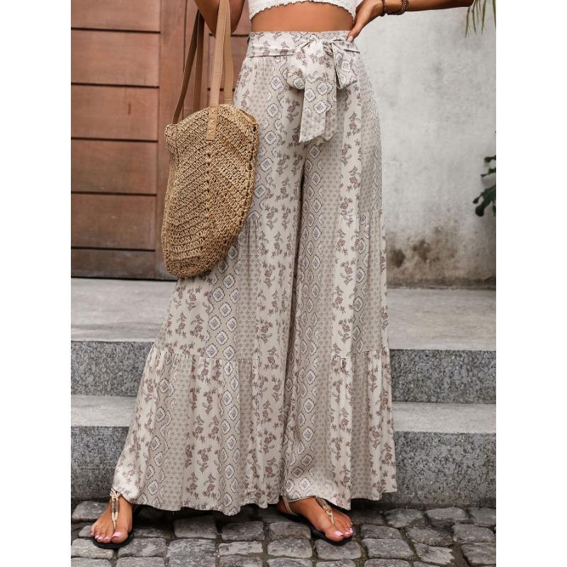 Casual Vacation Style Lace-up Geometric Floral Print Wide-leg Pants for Women