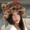 Leopard Print Bow KT Cat Plush Fisherman Hat for Women, Cute, Face-Slimming, Warm and Cold-Resistant Bucket Hat for Autumn and Winter