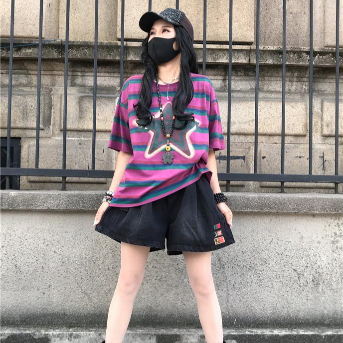 DIMANAF 2025 Summer T-shirt Women Spliced Star Printing Stripe Short Sleeve Loose Black