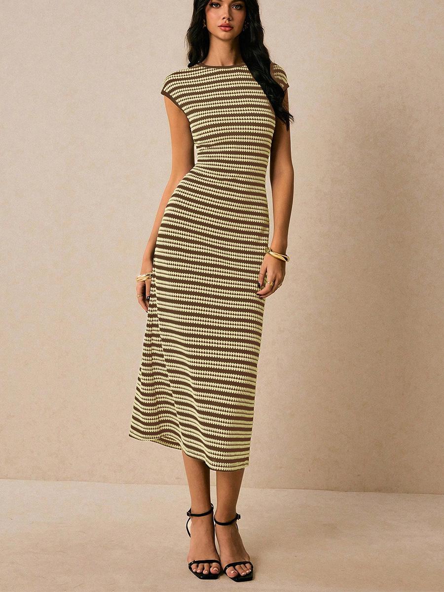 European Sleeveless Striped Knit Sheath Dress - Women s Slim Fit Midi Length 2026 Medium коричневый