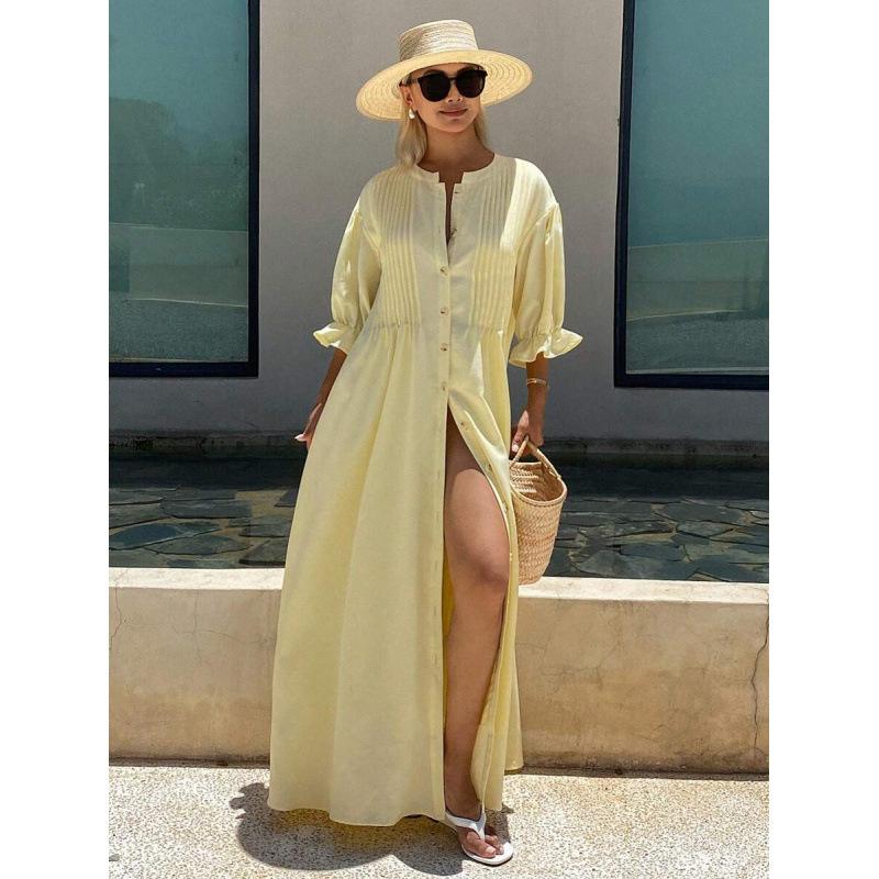 European summer new round neck bubble sleeves chest pleated waist short sleeves long dress women S