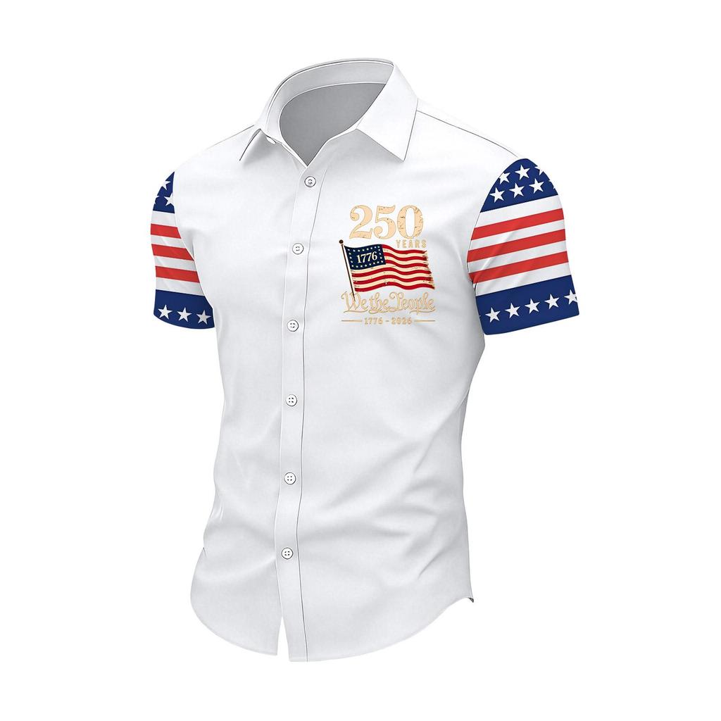 Men Short Sleeve Button Down Shirt 250 Years Print Flag Inspired Pattern Casual Fit Collared Top