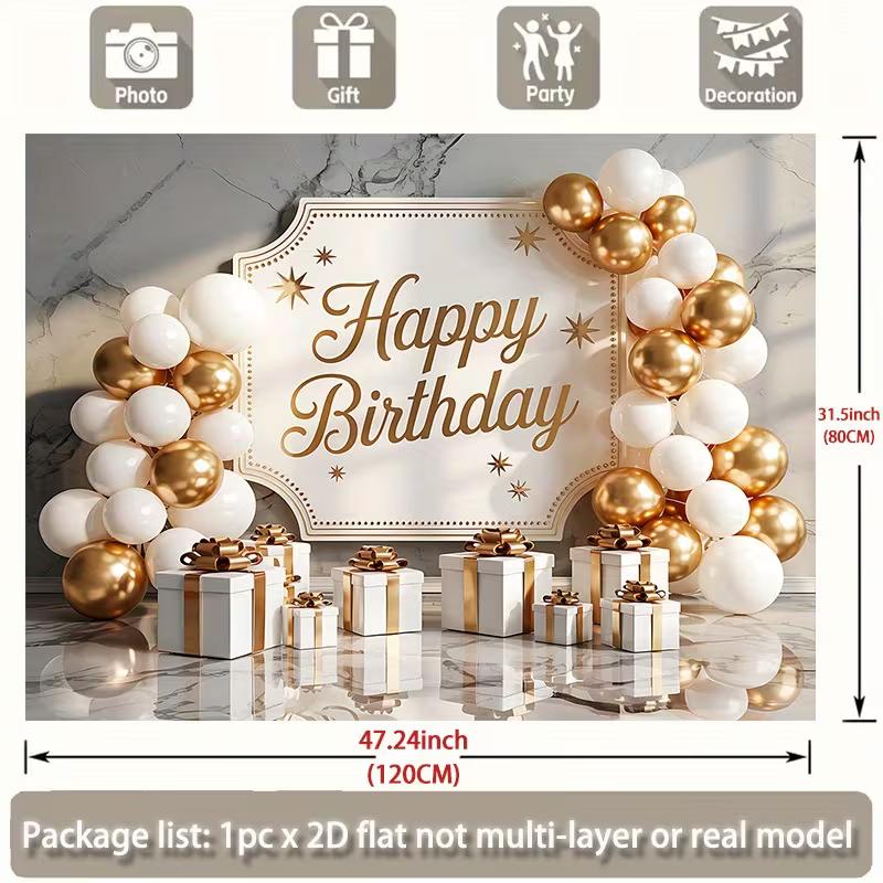 2D "Happy Birthday" Backdrop with White Gold Balloons, Gifts & Marble Background