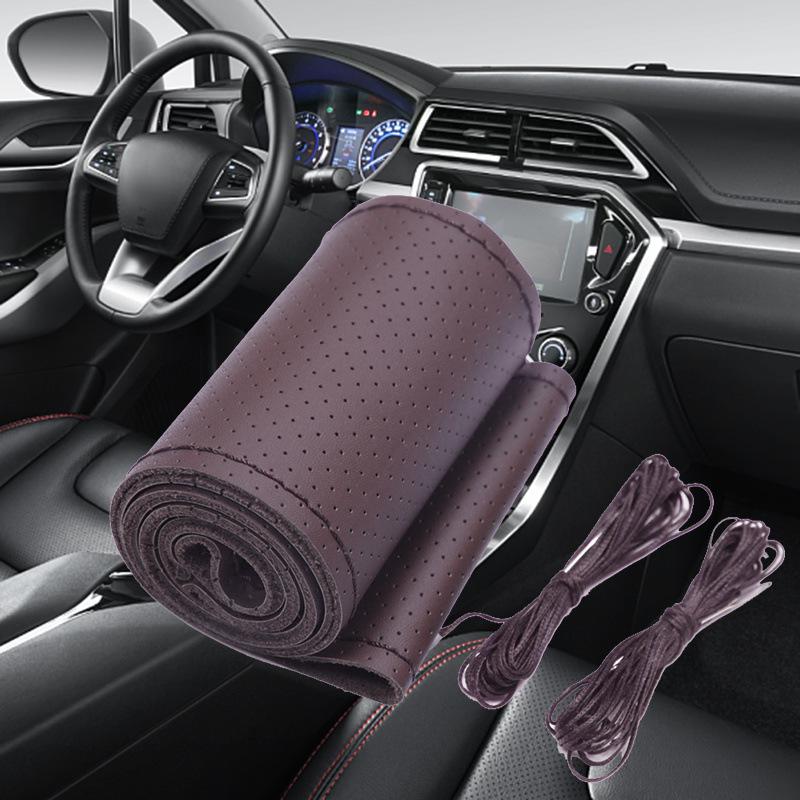 

Genuine Leather Hand-Stitched Non-Slip Sweat-Absorbent Steering Wheel Cover - Universal Fit for All Seasons. default