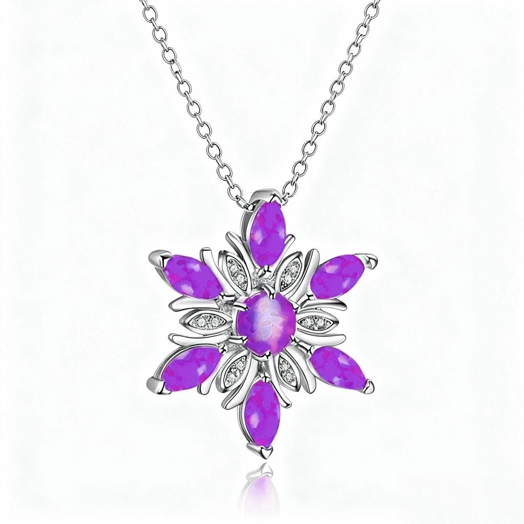 Snowflake Pendant Necklace - Imitation Opal Fashion Accessory for Christmas Parties