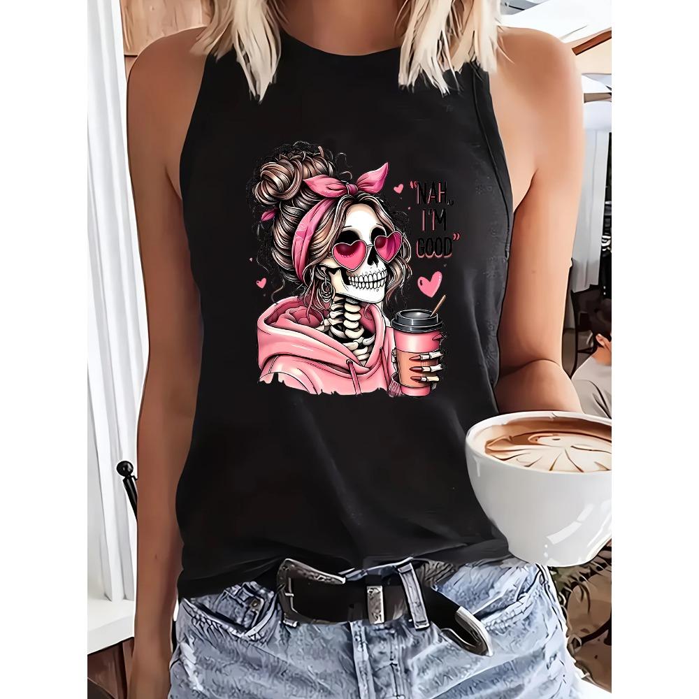 

T-shirt pattern printed vest for women, sleeveless round neck XL
