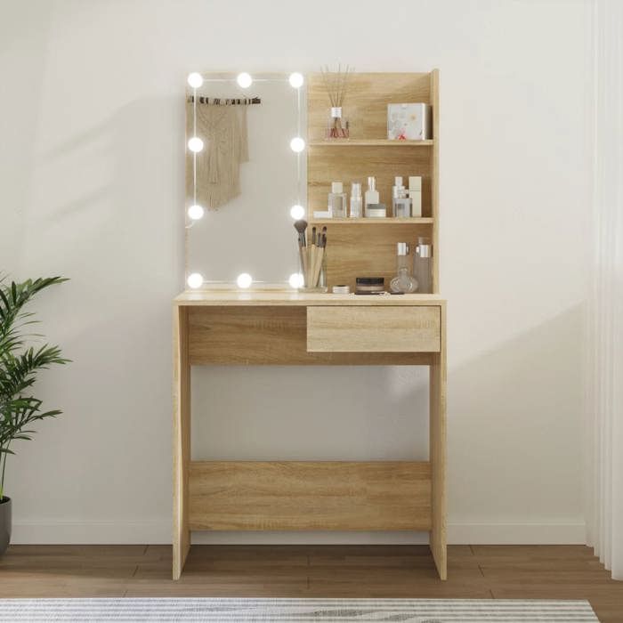 VidaXL Coiffeuse avec LED, Table de Maquillage avec Étagères et Tiroir, Table Cosmétique de Chambre, Moderne, Chêne Sonoma 808804