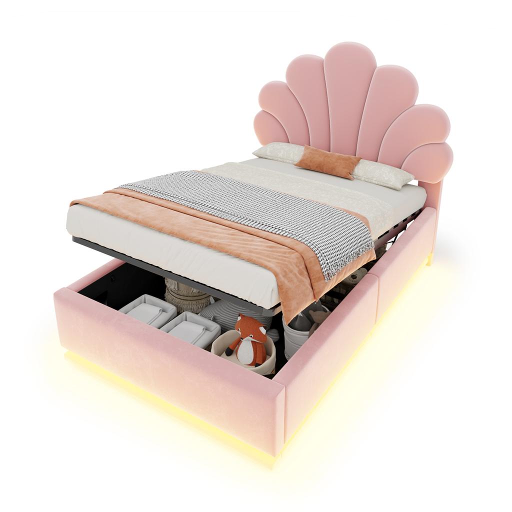 Upholstered Bed 90*200cm, Flower-Shaped Headboard, Hydraulic Storage, LED Lighting and Metal Frame, Velvet Fabric Beige, Pink