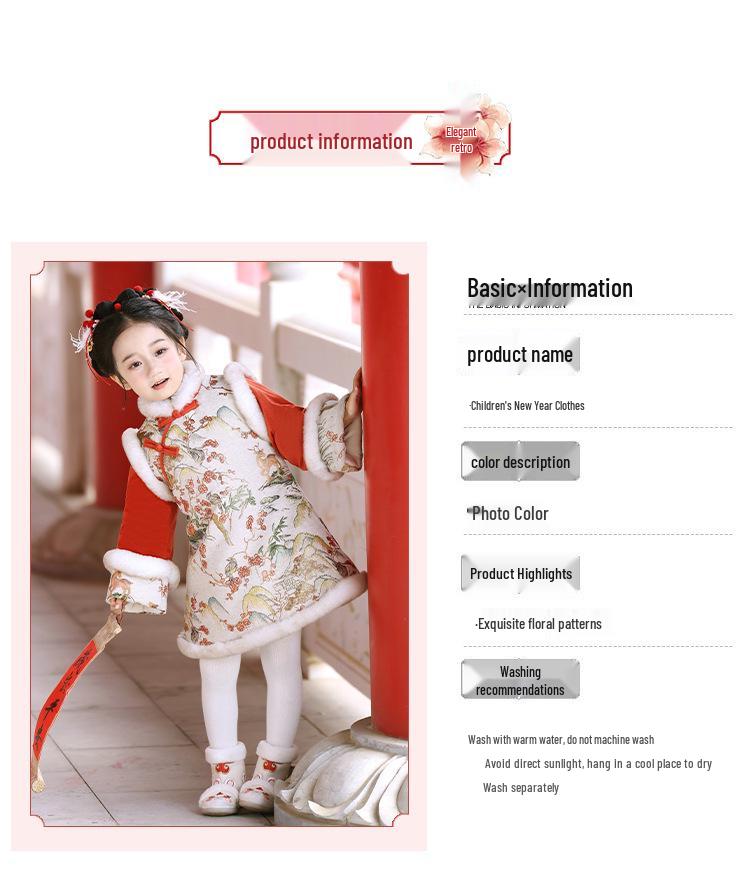 Girls' Winter Hanfu Cheongsam: Fleece-Lined Cotton Dress for Baby's First Birthday