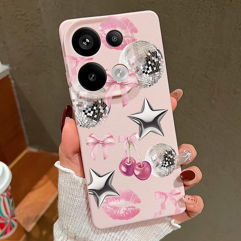 Cherry Bowknots Lips Disco Ball Pattern Case Xiaomi 14T 13T 11T Pro Leather Texture Silicone Cover Funda For Redmi Note 14 13 Pro 4G 5G 12 11