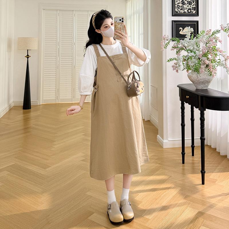 

Korean Style Maternity Overalls & Round Neck T-shirt Two-Piece Set - Spring/Autumn Fashion, Belly Covering, Loose Fit. L