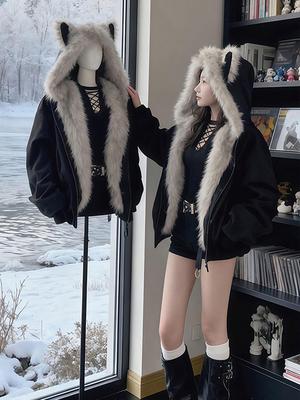Zuo Shan Diao Cotton Cat Ear Hooded Jacket with Fur Collar - Unisex Winter Down Parka
