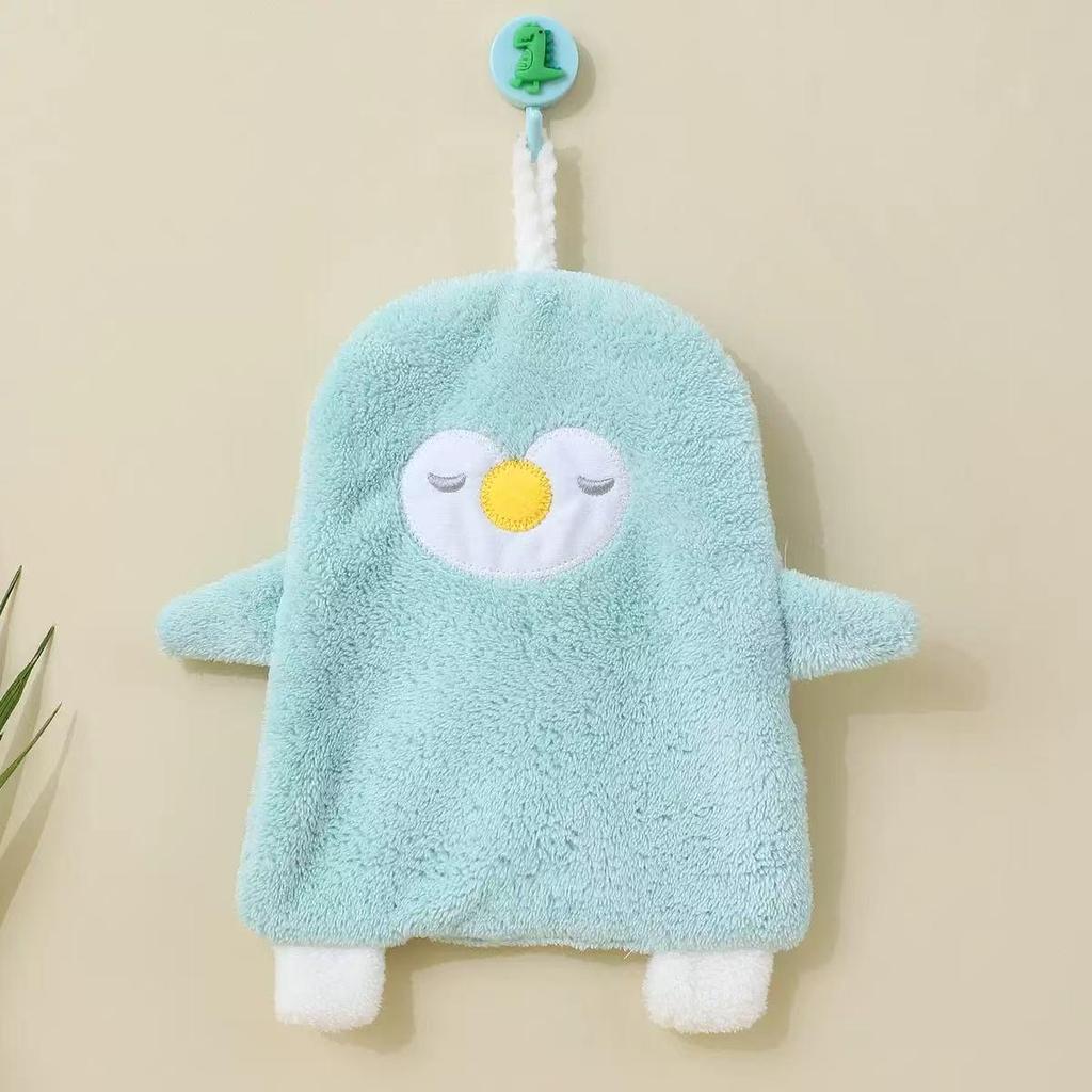 Cartoon Embroidered Coral Fleece Hand Towel with Strong Water Absorption, Thickened Hanging Style for Kitchen Use.