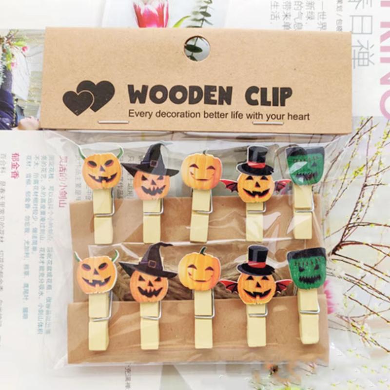 10pcs Wooden Pumpkin Adorable Cartoon Snack Photo Holders Decorative Picture Clamps Reusable Craft Clothespins Halloween Gift