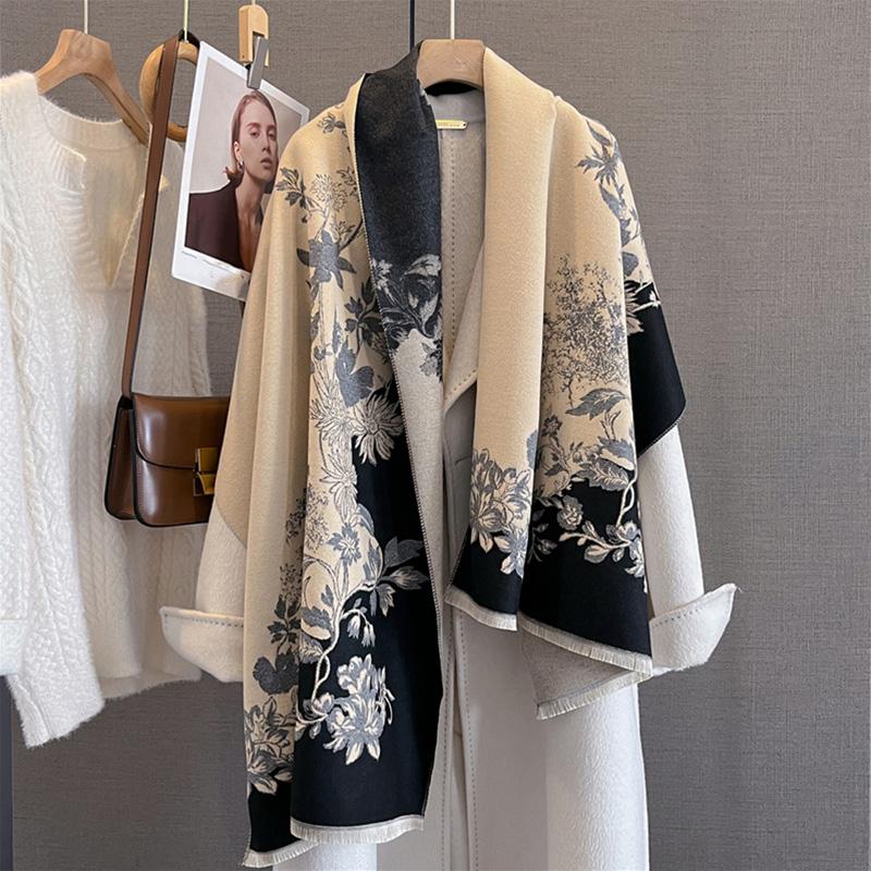 Designer Winter Warm Cashmere Scarves Women Floral Print Thicken Pashmina Shawl Elegant Lady Wool Poncho Windproof Pareo