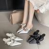 Women's Shoes Spring Pointed Toe Thin Heel High Heel Elegant French Style FashionSatin Bow Closed Toe Mules