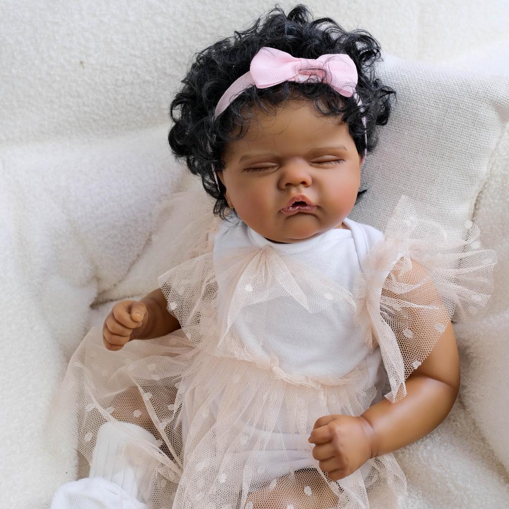 18 Inches Cloth Body Quinbee Reborn Dolls Realistic Sleeping Newborn Babies Doll with High Color Painted Dark Skin Lifelike Simulation Dolls for Kids