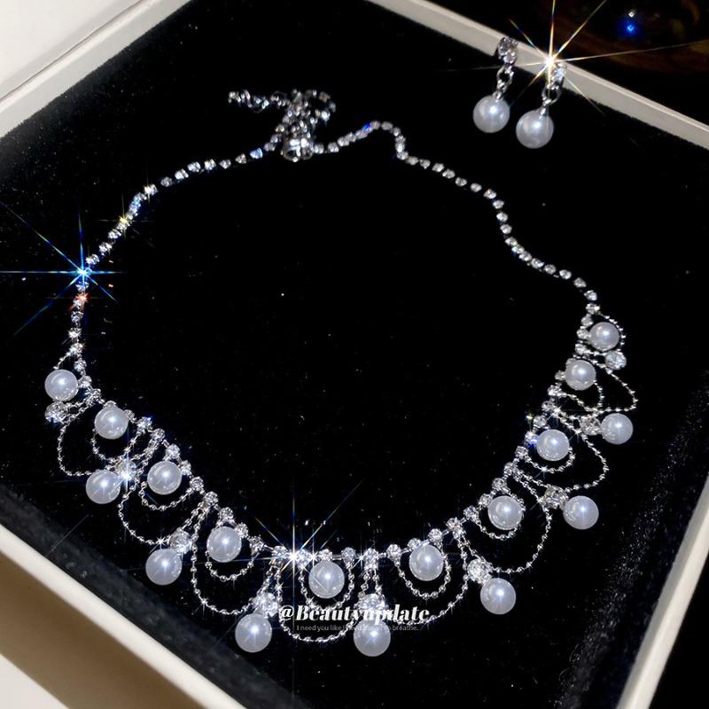 Lace pearl necklace stud earrings set light luxury retro celebrity elegant dinner dress temperament jewelry women