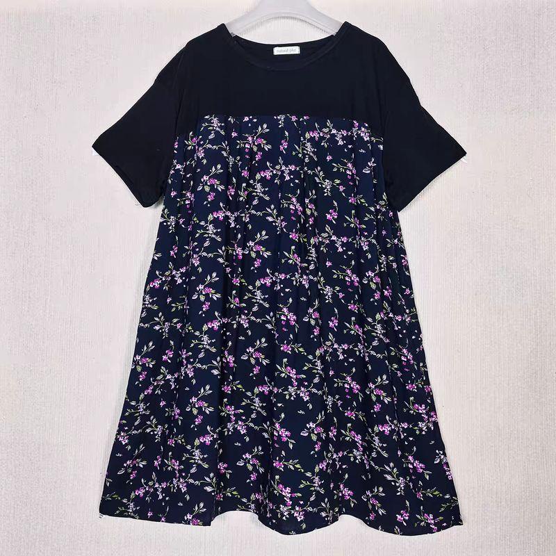Foreign Trade Japan Order Customer Supply Fabric Rayon Printing V-neck Pullover 3/4 Sleeve Mid-Length Dress Plus size Summer