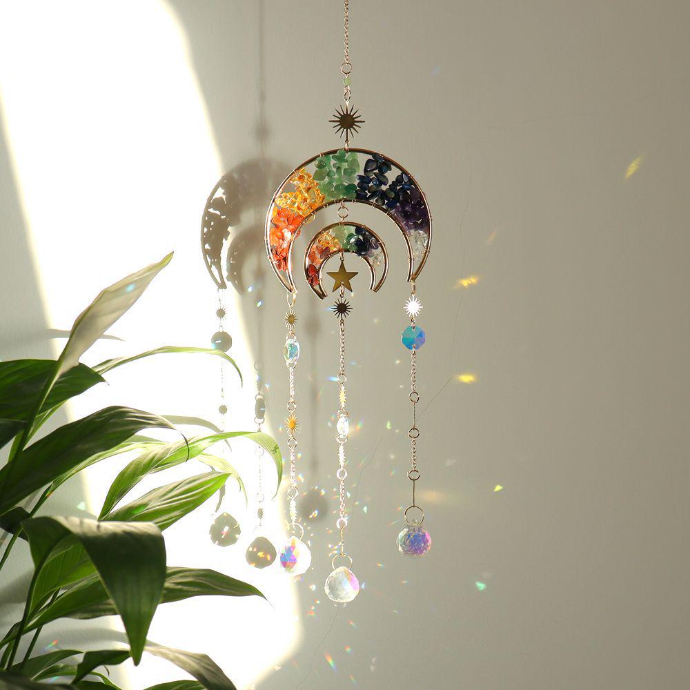 Natural Crystal Moon Pendant Sun Catcher Wind Chime for Home and Garden Decoration
