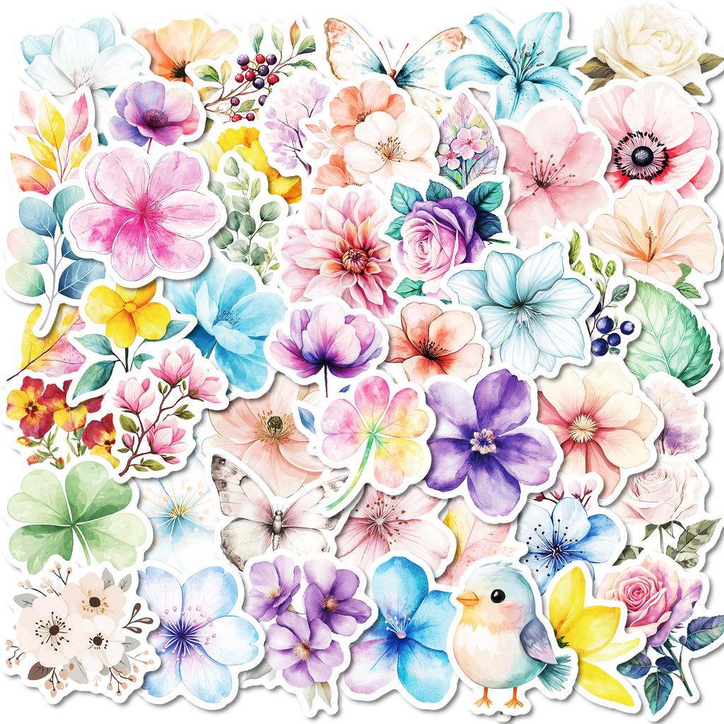 50 Watercolor Wind Flowers Mix And Match Graffiti Stickers Flowers Xiaoqing Diy Tie Rod Luggage Skateboard Stickers