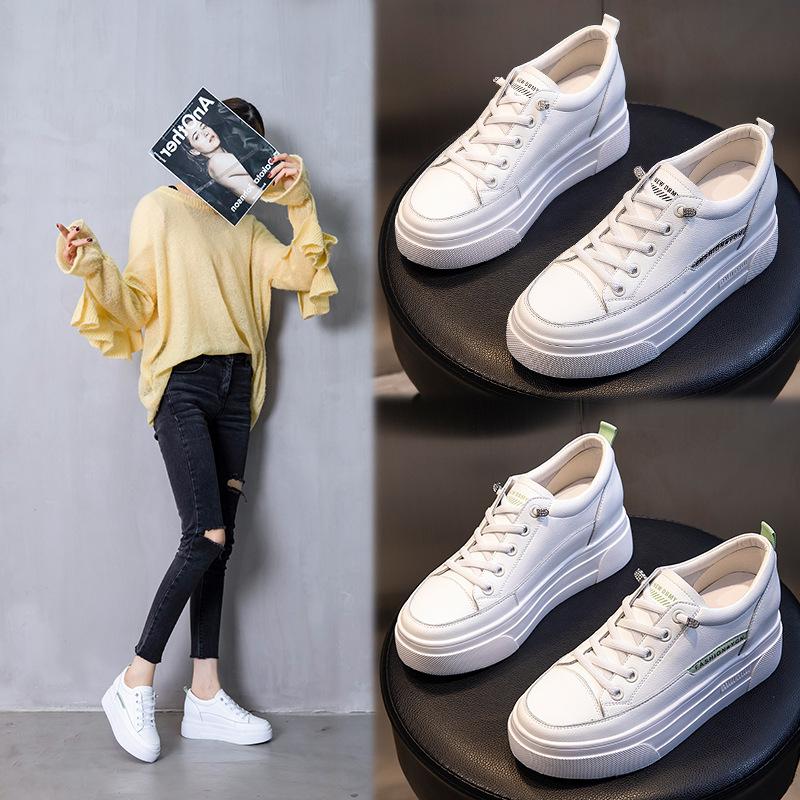6.5CM inner height-increasing women's shoes spring thick-soled single shoes women's sports flat-soled leather little white shoes high heels