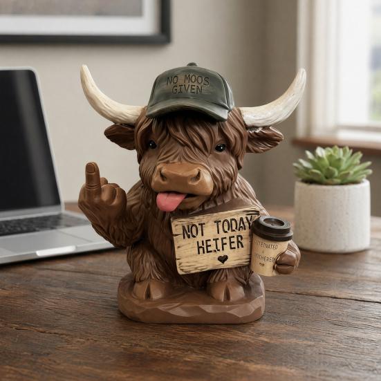 Highland Cow Desk Statue, Funny Middle Finger Cow Figurine with Coffee Cup & Sassy Sign, Cute Farmhouse Desktop Decor, Gag Gift for Coworkers, Office