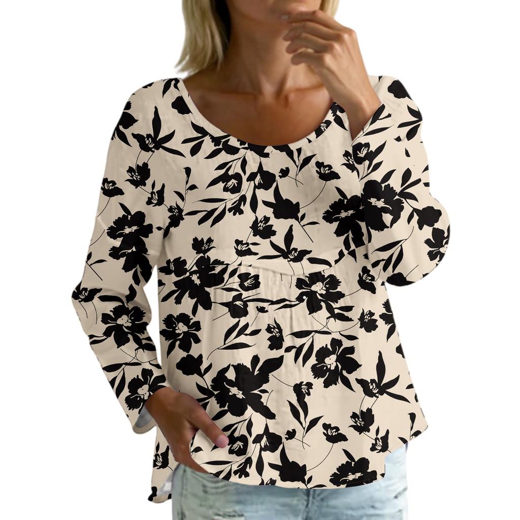 Damen Casual Mode Locker Rundhals Blumenmuster Langarm Oberteil