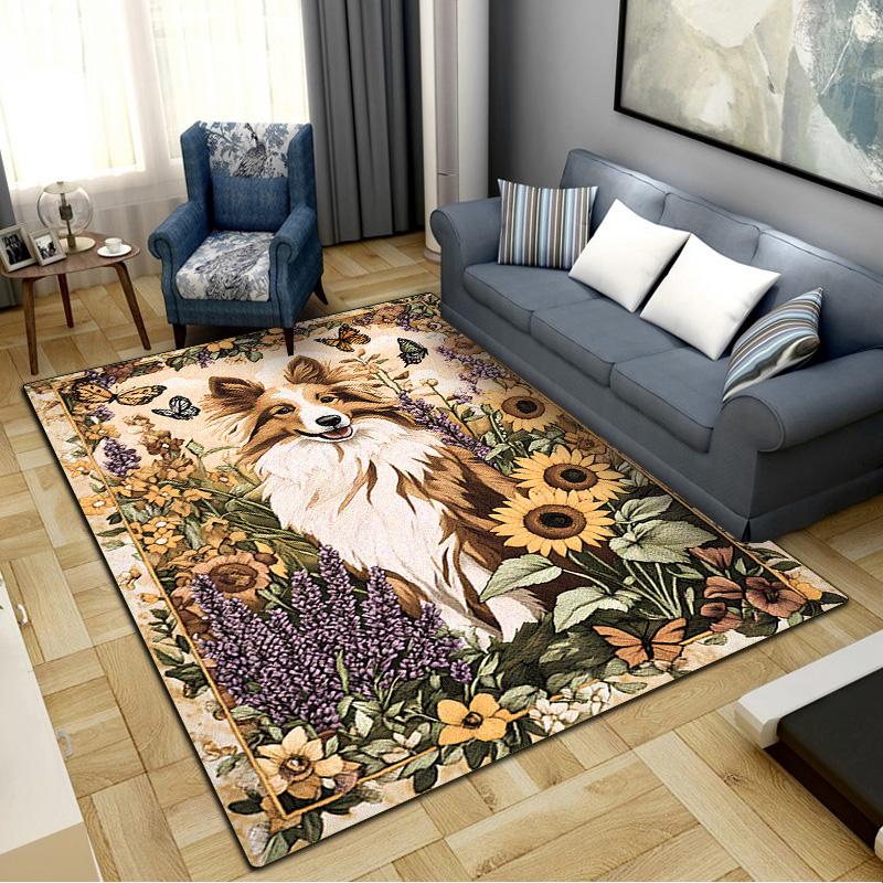 Hund und Sonnenblumen Teppich für Wohnzimmer Schlafzimmer Zuhause Sofadekoration, Kinderspiel Rutschfeste Bodenmatte