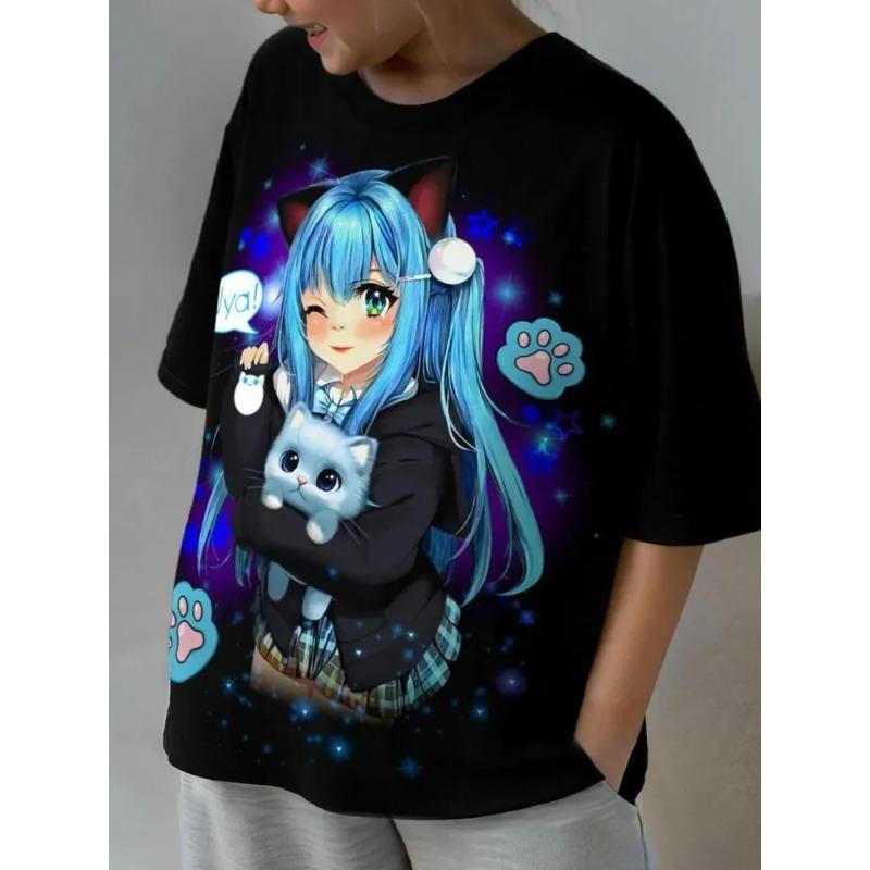 

Летний топ с круглым вырезом и 3D-принтом аниме, модная повседневная футболка с коротким рукавом для девочек 150