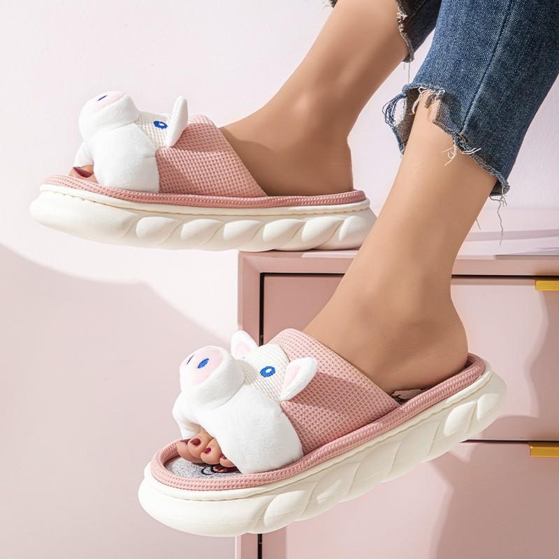Cartoon Piggy Linen Slippers Women's Four Seasons Drag Breathable Thick Bottom Home Indoor Silent Non-slip Slippers
