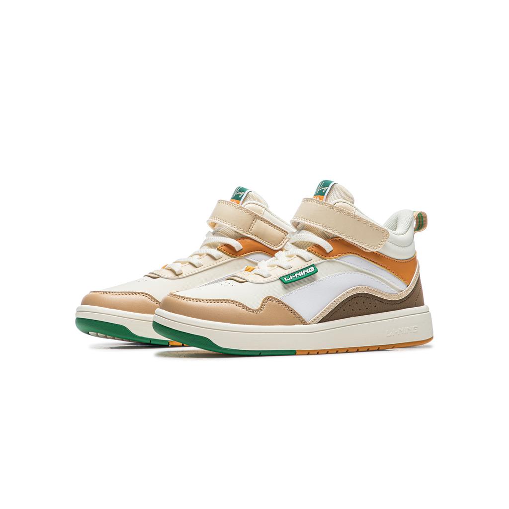 Li Ning Kids Sports Lifestyle Series Synthetic Leather Fashion Casual Wear Resistant Mid-Top Kids Sneakers Kids Sneakers Off-White Brown YKCU216-3