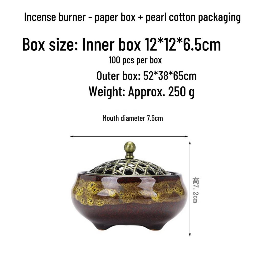 Ceramic Sandalwood Incense Holder with Net Lid and Crackle Glaze, for Coil and Stick Incense, Three-Legged Buddhist Home Use.