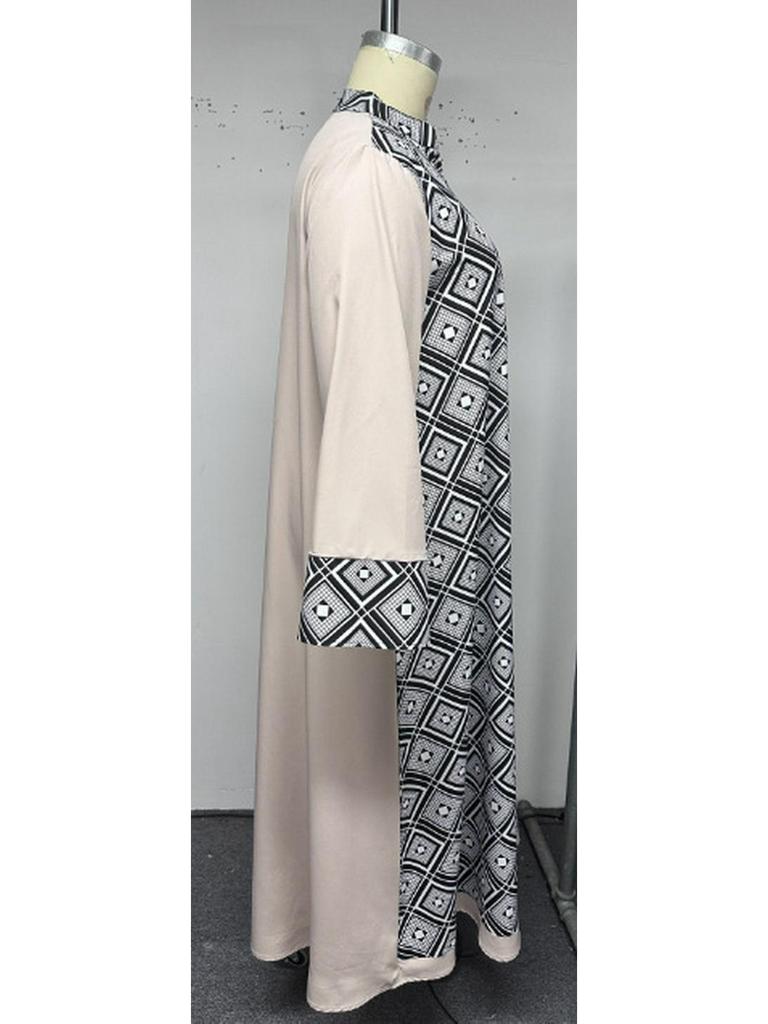 Plus Size Middle Eastern Ethnic V-Neck Printed Patchwork Long Dress