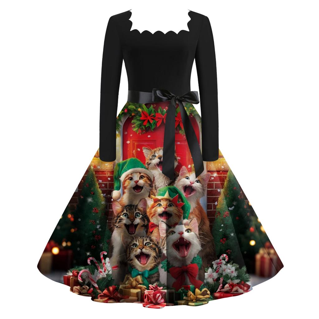 Women's Fashion Retro Long-sleeved Square Collar Christmas Printed Evening Dress
