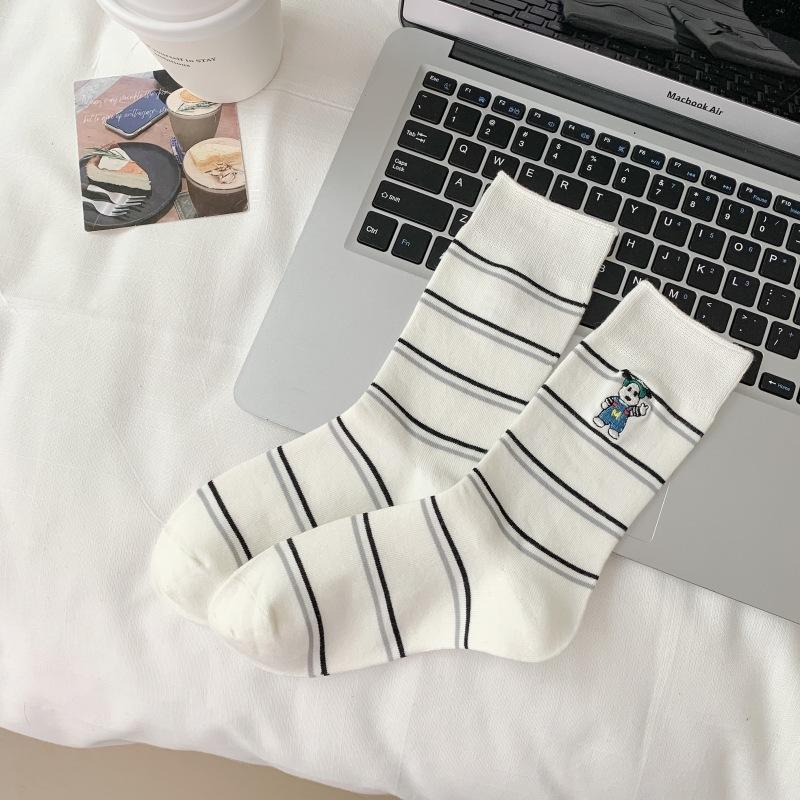

Women s Mid-calf Socks with Contrasting Color Stripes, Bear Embroidery, Cartoon Rolled-up Edges, Pure Cotton Casual Long Stockings 1 pair белый