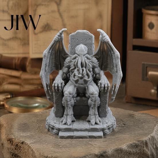 Sci-Fi Horror Collectibles 3D Printed Throne Cthulhu Statue, Gothic Resin Figurine for Shelf & Desk Detailed Bat Wing Sculpture Decor, Tentacle