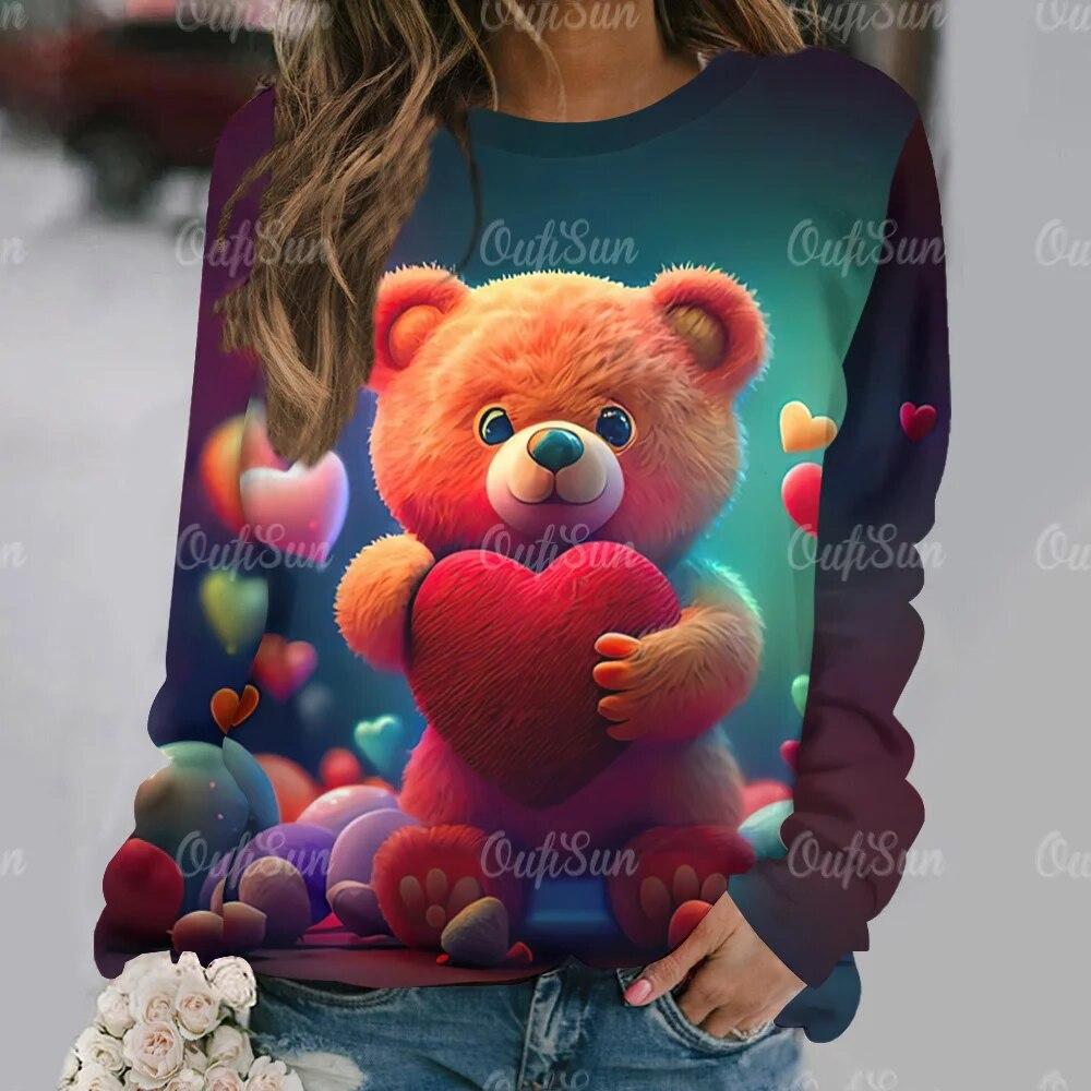 Cute Bear Women's Hoodie Casual O Neck Long Sleeve Pullover Tops 2024 New T-Shirt for Women Streetwear Fashion Women T Shirt Tee