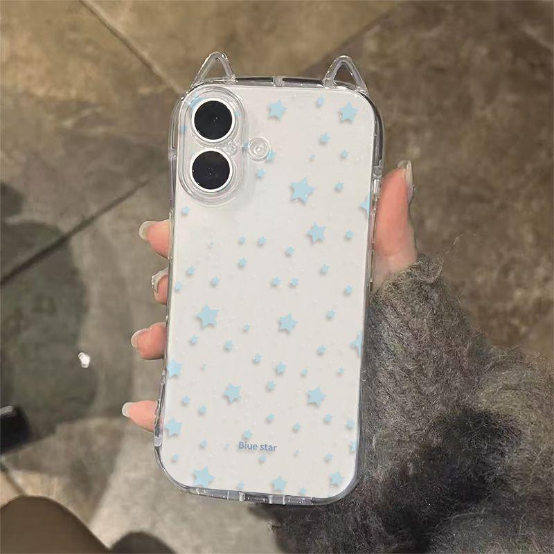 

Blue Star Cat Ear Transparent Phone Case for Apple 17 Pro Max - Soft Cartoon Protective Cover iPhone 15