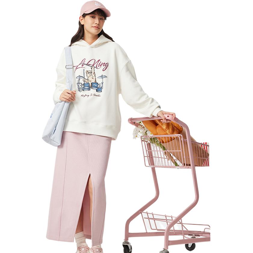 Li Ning Sports Lifestyle Series Simple Fleece Versatile Letter Cartoon Animal Print Drop Shoulder Loose Hoodie Women Hoodies Off-White AWDVC78-1