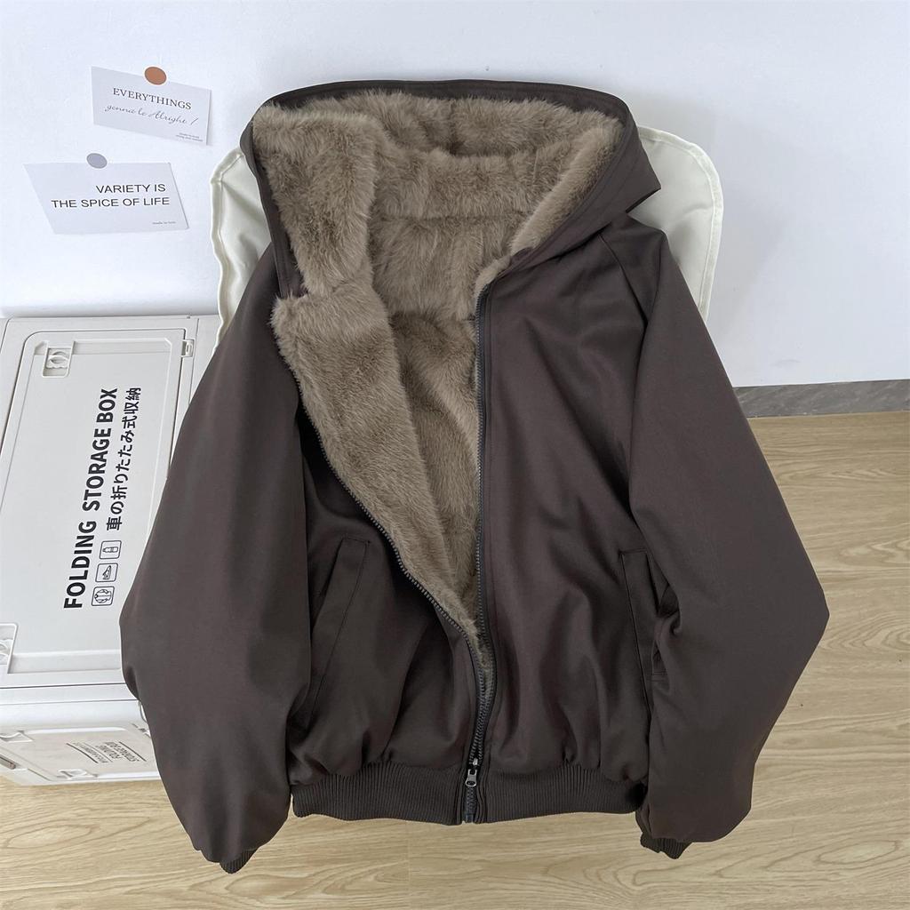 Unisex Reversible Hooded Cotton Jacket with Thick Velvet for Winter