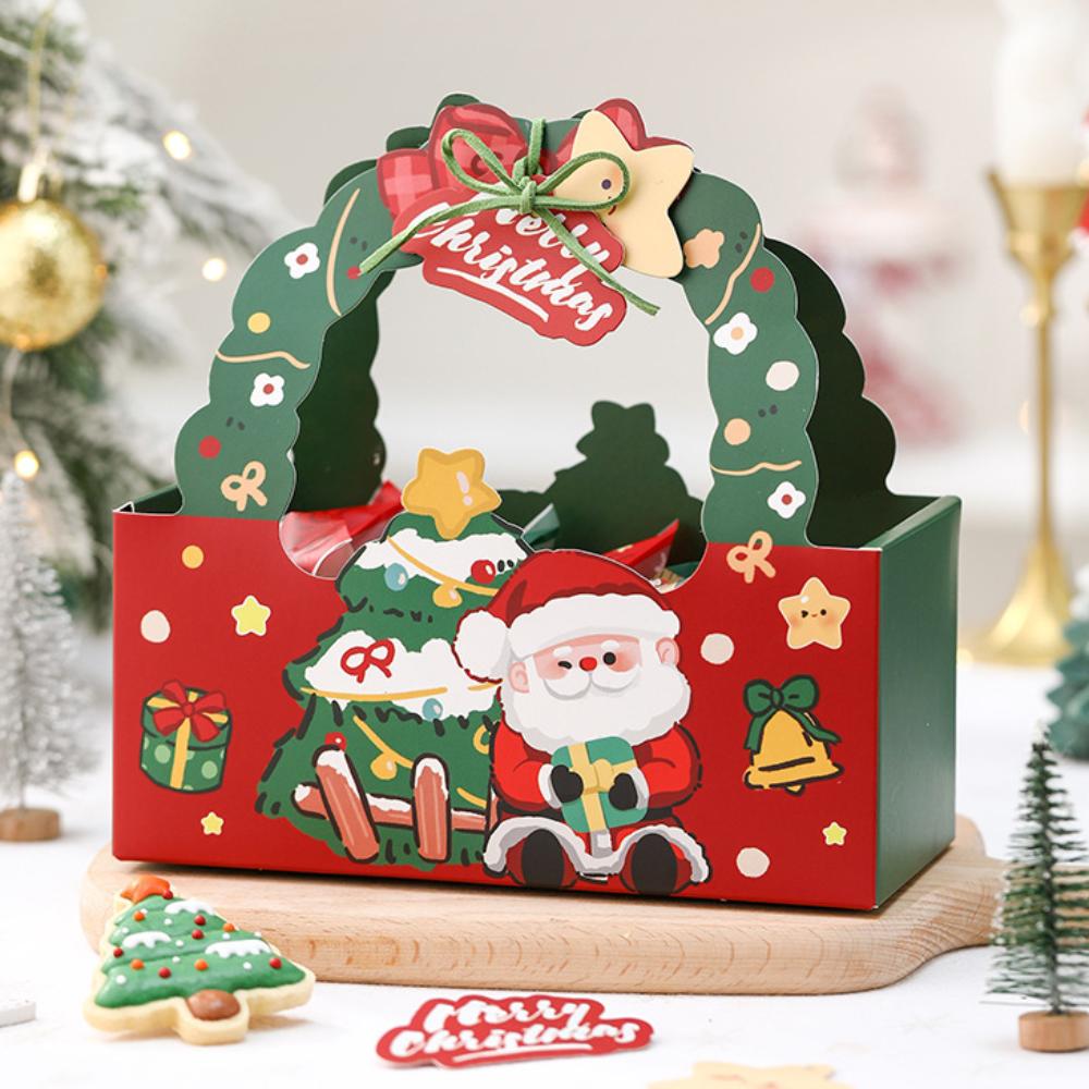 5pcs New Christmas Handle Treat Boxes Cartoon Santa Claus Paper Gift Packing Bag Navidad Decor Red Green Xmas Packaging