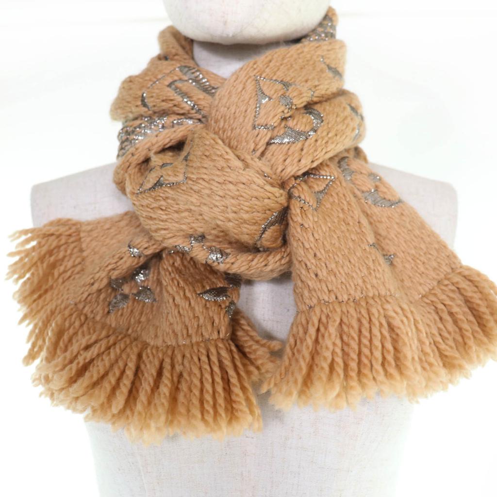 Great LOUIS VUITTON Scarf Escalp Logomania Shine With fringe beige wool M75834 Used