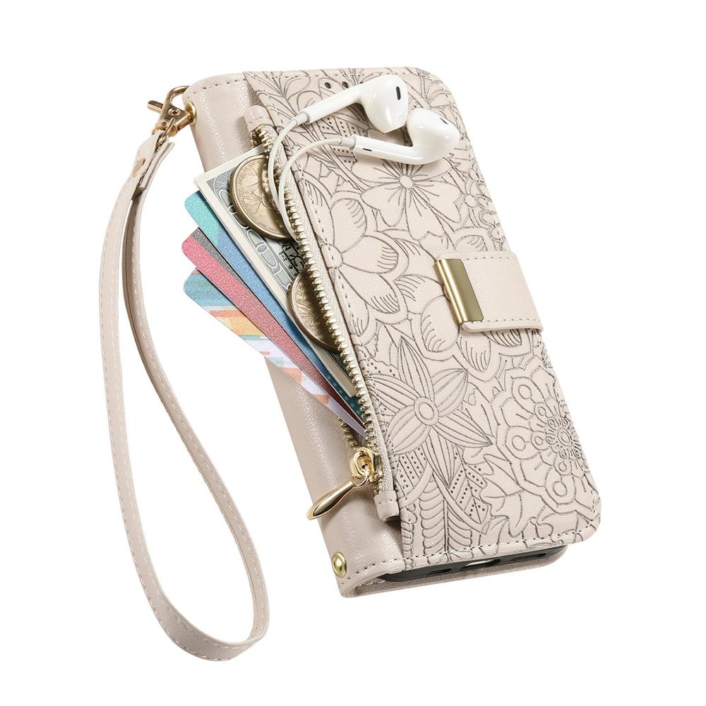 Phone Wallet Case with 6 Card Slots, Zip Coin Pocket, Stand for Hands-Free Viewing & Wrist Strap, Floral Design for OPPO VIVO Xiaomi Redmi Google