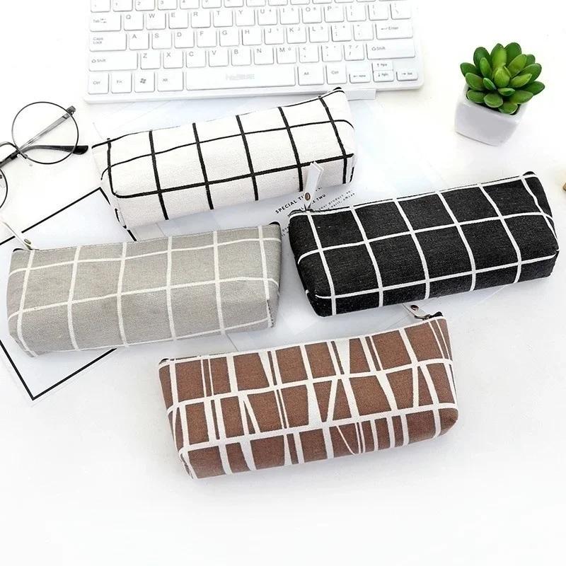 Canvas Pencil Case School Simple Striped Grid Pencilcase Office Stationery Pen Bag Students Pencils Writing Supplies Gift