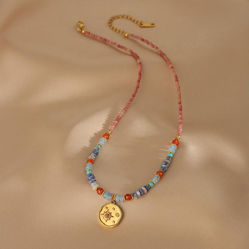 

Titanium steel colored natural stone round pendant necklace light luxury high sense fashion versatile temperament exquisite necklace