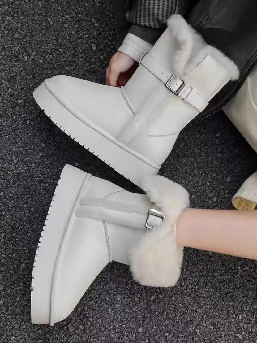 

New white leather wool medium tube snow boots women s winter belt buckle fleece warm thick-soled fluffy boots 40 білий