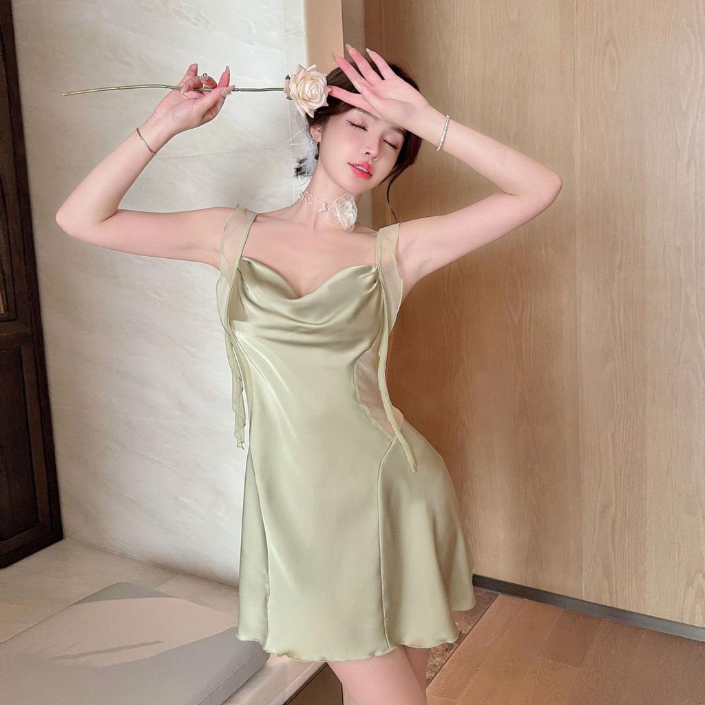 Sexy pajamas women Ice Ribbon chest pad Ruth with the same new mesh suspender nightgown nightgown outside