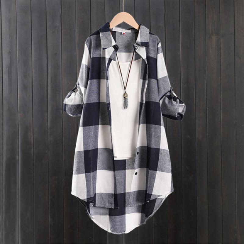 Cotton and linen shirt jacket women's summer thin sunscreen shirt medium and long long-sleeved top loose plaid shirt