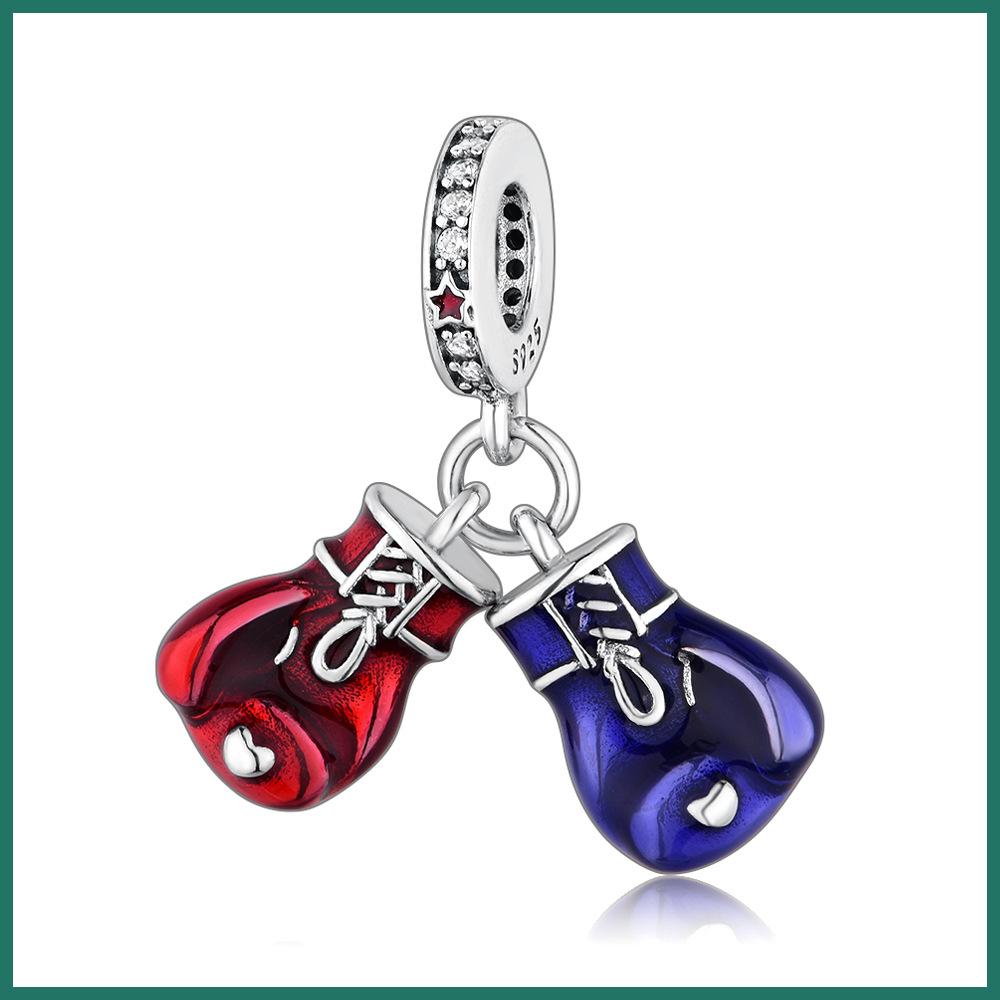 S925 Zilver Rood En Blauw Bokshandschoen Hanger Kracht Kralen Armband Ketting DIY Handgemaakte Ambachtelijke Accessoires Losse Kralen